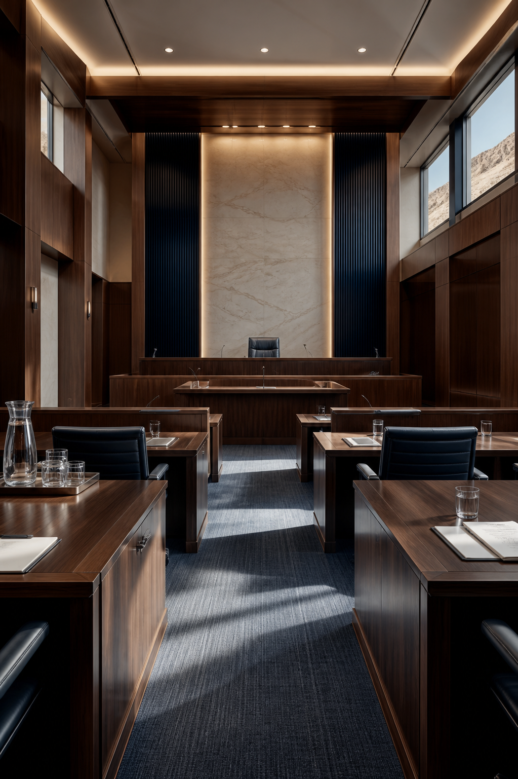 Empty courtroom prepared for a serious legal matter